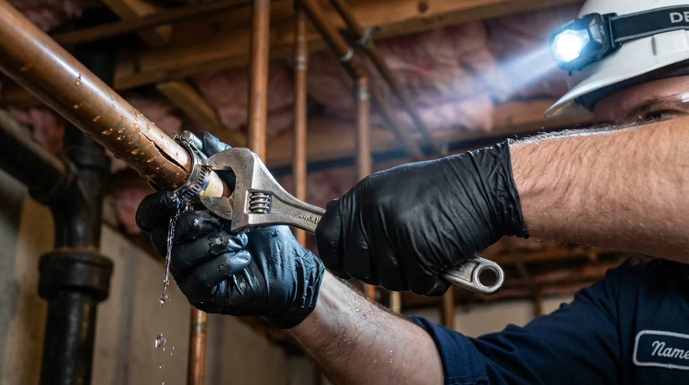 Emergency pipe clamp repair being performed by a Johns Plumbing LLC plumber in Brandon